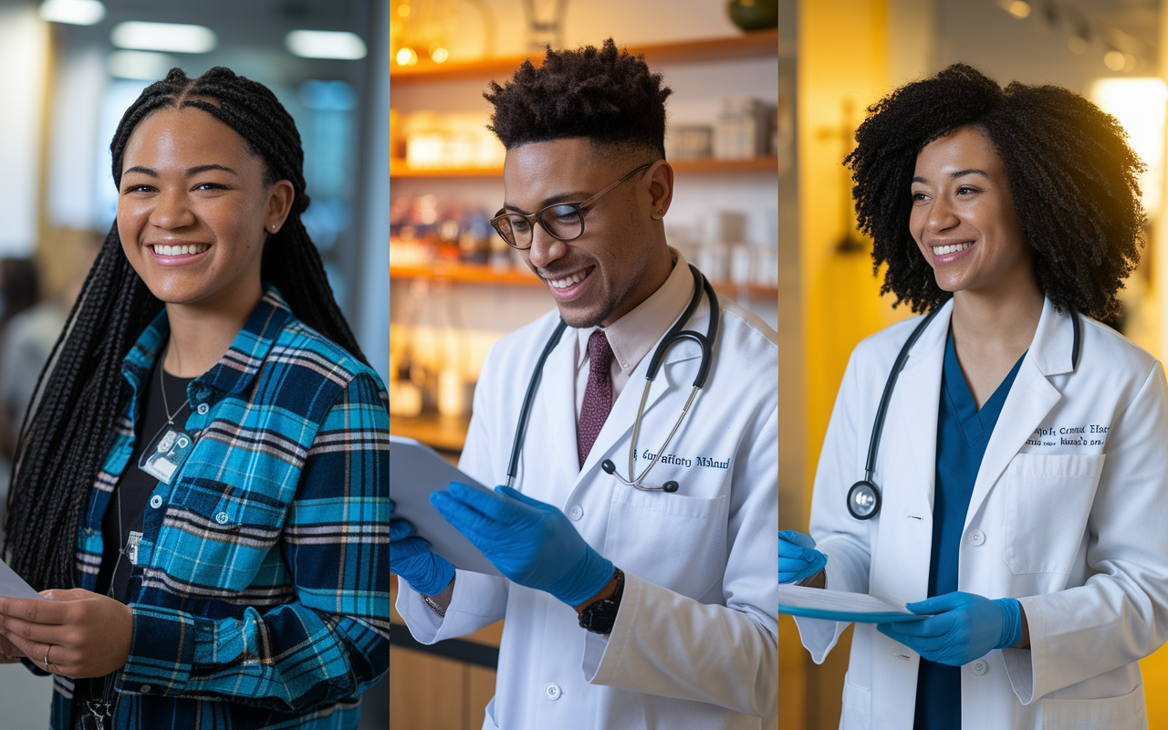 An inspiring montage of three aspiring medical professionals: Maya, John, and Lisa, each depicted in their respective environments—volunteering in a community health setting, conducting research in a lab, and working in a clinical environment. Each scene showcases the emotional impact of their work, with warm lighting emphasizing their dedication and compassion. The overall image conveys a message of hope and transformation in the medical journey.