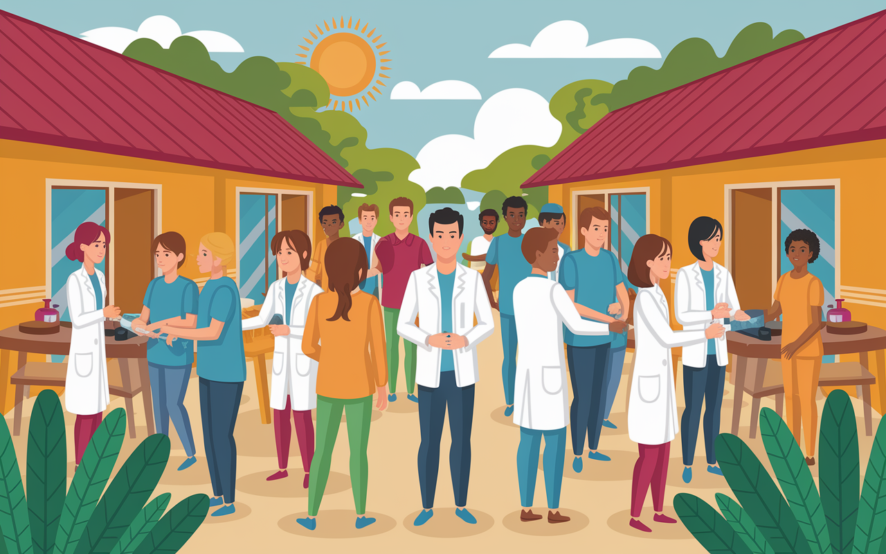 A scene depicting a volunteer medical clinic in a rural African village, with a diverse group of volunteers assisting locals. The clinic is bustling with activity, showcasing the caring interactions between volunteers and community members, emphasizing teamwork. The setting is filled with vibrant colors, and a bright sun overhead, creating a lively and hopeful atmosphere, symbolizing service and community engagement.