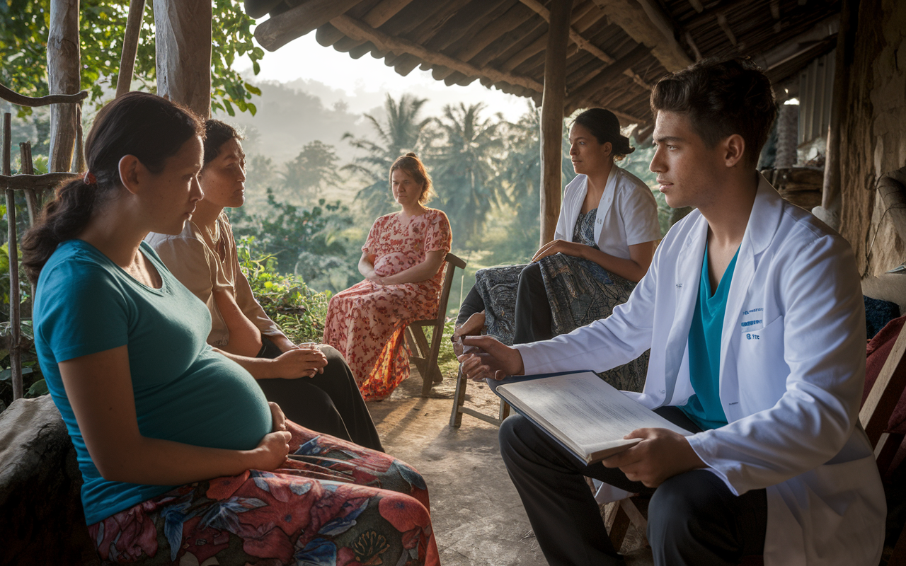 An aspiring physician engaged in research activities in a Southeast Asian village, collaborating with local healthcare workers. The scene features Jordan, a young researcher in a rural clinic, observing maternal healthcare practices. Nearby, pregnant women are being counseled, surrounded by lush landscapes. The lighting reflects a serene afternoon, emphasizing the dedication to advancing maternal health insights.