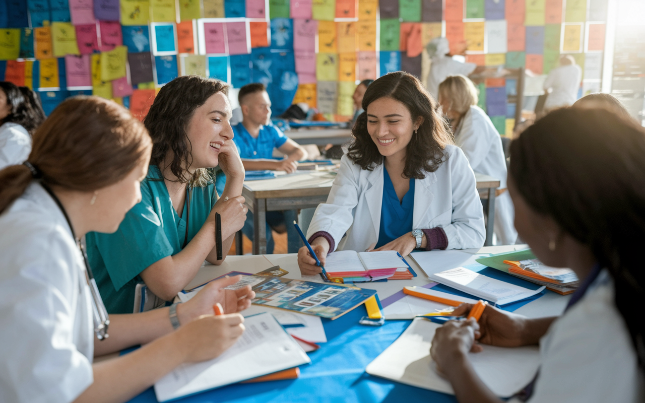 A vibrant workshop setting in South America where students learn about tropical diseases. Lisa, a medical student, is actively participating, surrounded by engaging educators and diverse classmates. The environment is filled with colorful posters and materials that enhance learning, with natural sunlight streaming through the windows to create an invigorating atmosphere.