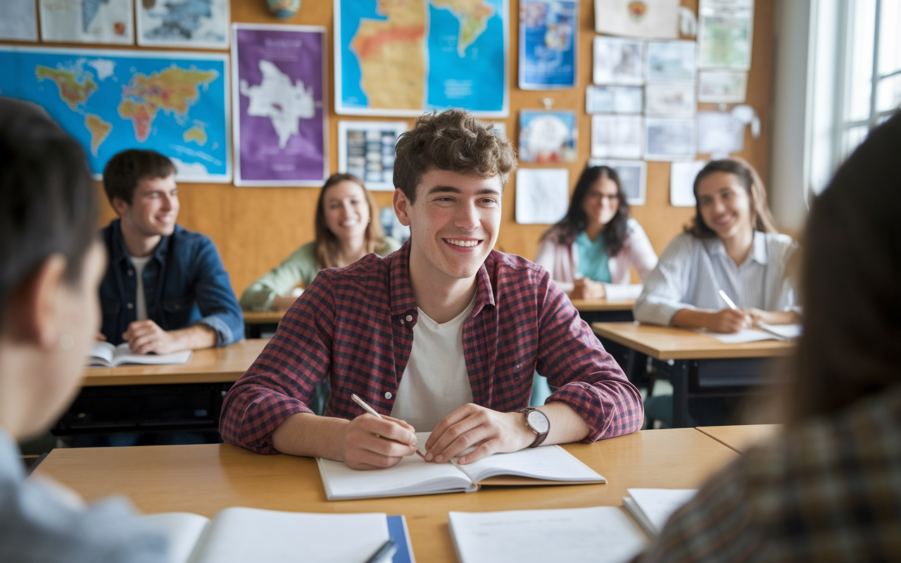 A young student, Michael, immersed in a language class in Spain, practicing Spanish with local peers. The classroom is vibrant, filled with maps and cultural artifacts, creating an engaging learning atmosphere. Natural light pours in, highlighting the camaraderie of students, symbolizing the importance of communication in healthcare.