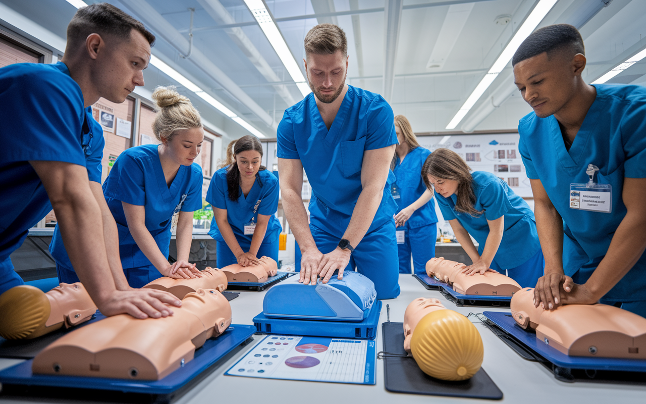 A bustling workshop setting where aspiring medical professionals actively participate in hands-on training. Attendees, dressed in scrubs, practice CPR techniques on mannequins while an instructor demonstrates using an AED. The room is brightly lit, filled with medical equipment and charts that highlight the importance of practical skills in healthcare. The atmosphere is tense but exciting, showcasing commitment to learning.