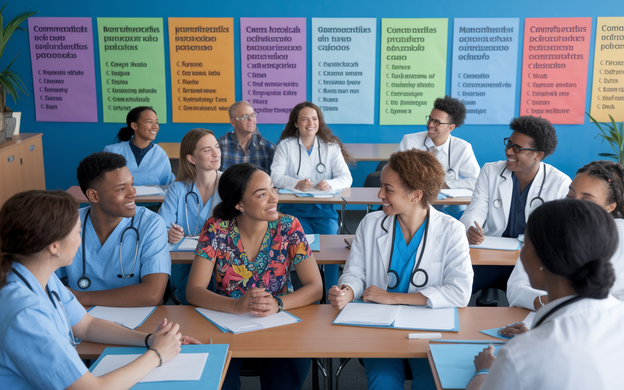 A vibrant classroom setting with enthusiastic students learning Medical Spanish. The room is decorated with colorful posters of medical terms and phrases in Spanish. An instructor is engaging with the students, demonstrating how to communicate with Spanish-speaking patients through interactive role-play scenarios. The atmosphere is supportive and lively, showcasing the importance of language skills in healthcare.