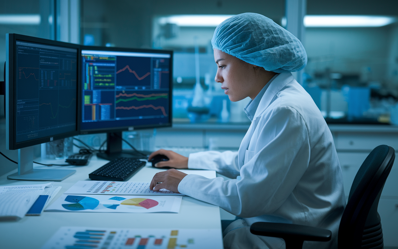 A focused individual working in a clinical research lab, surrounded by data charts and clinical trial materials. They are analyzing data on a computer, with monitors displaying research findings. The lab is sanitized and organized, emphasizing the scientific rigor involved in medical research. Soft lighting reflects a serious yet hopeful iconography of contributing to future medical advances.