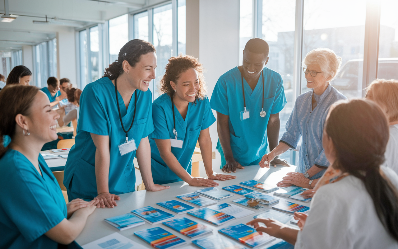 A group of enthusiastic volunteers in scrubs, assisting in a bustling local clinic, interacting with patients and healthcare professionals. A sunny day shines through the clinic windows, illuminating the room filled with laughter and compassionate care. Tables are adorned with health brochures, and volunteers engage with patients and learn from experienced staff members.