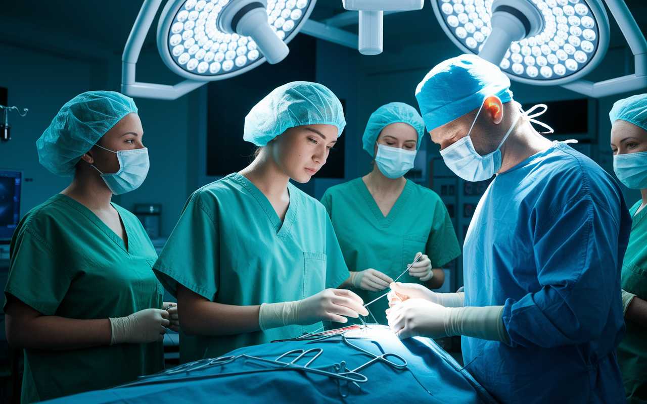 An aspiring medical student in scrubs, attentively watching a surgeon perform a procedure in a bright operating room. The room is filled with high-tech surgical instruments, nurses assisting, and an atmosphere of focused professionalism. The student's expression reflects admiration and eagerness to learn, while the surgical team is captured in action, with bright surgical lights illuminating the scene. The details emphasize a realistic and intense medical environment.