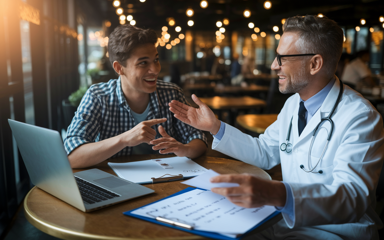 A young aspiring physician in a cozy coffee shop, discussing shadowing opportunities with a busy physician. The table is filled with a laptop, medical textbooks, and a handwritten schedule. The atmosphere is casual yet professional, with warm lighting illuminating the scene, creating a sense of collaboration and openness. Capture the enthusiasm of both individuals as they network and share insights into the medical profession.