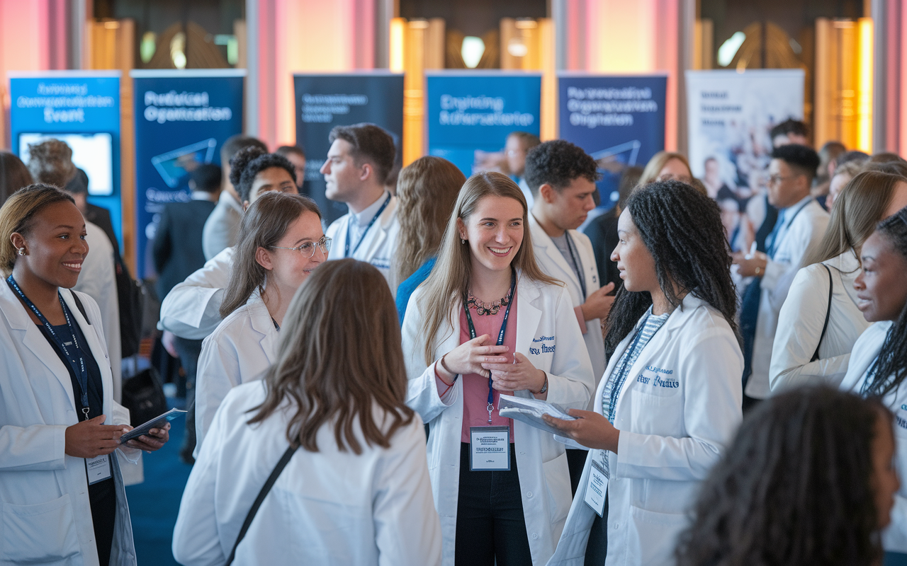 A lively gathering of aspiring medical students at a professional organization event, with banners and information booths in the background. Students of diverse backgrounds are engaged in conversation, exchanging contact information, and discussing career aspirations. The atmosphere is energetic and collaborative, with warm lighting enhancing the sense of community and support among future medical practitioners.