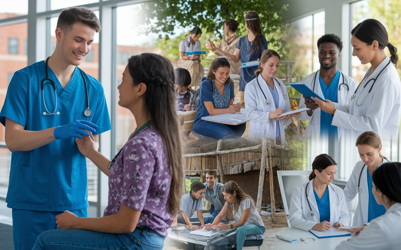 A vibrant montage of medical students working in different healthcare settings around the world, featuring a student in scrubs interacting with patients in an urban clinic, another student conducting a health workshop in a rural village, and one more collaborating with a team in a research lab. The scene is dynamic, showcasing cultural diversity and the emotional fulfillment of providing care. Bright, natural lighting highlights the engagements and interactions.