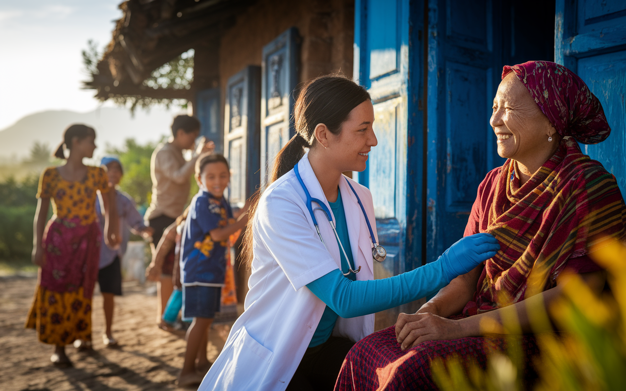 A young medical student volunteering in a remote village, providing care to locals. The scene shows her checking the pulse of a smiling elderly woman while children play nearby. Bright colors of traditional clothing and the earthy landscape create a lively, engaging atmosphere. Golden hour lighting adds warmth to the moment, depicting compassion and community connection.