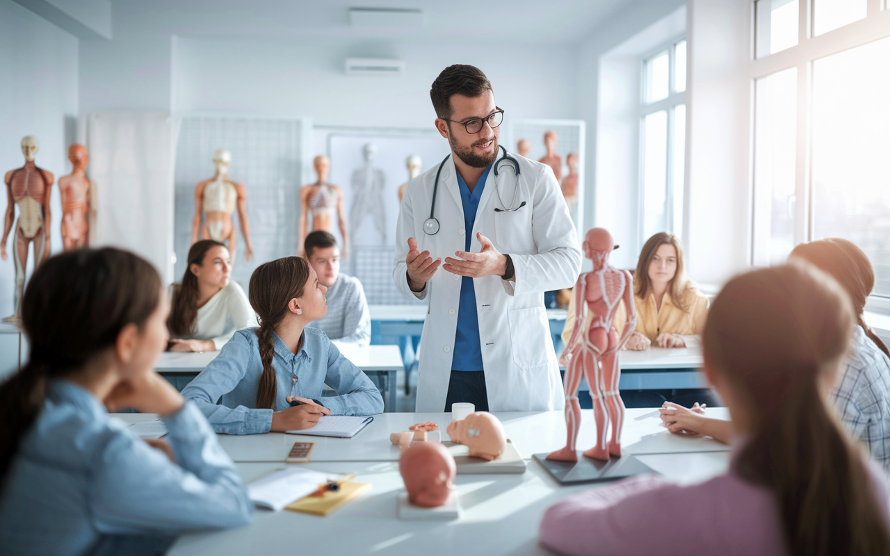 A dedicated medical student teaching anatomy in a bright and modern classroom filled with eager young students. The room is equipped with anatomical models and interactive teaching tools. The atmosphere is engaging, with the student animatedly explaining concepts, showcasing passion for education. Sunlight streams through windows, creating an inspiring learning environment.