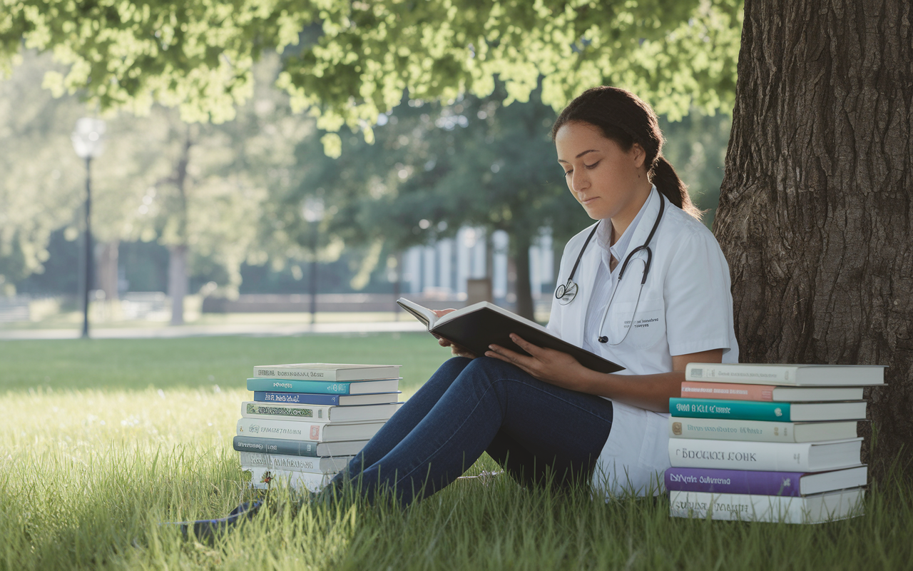 A thoughtful medical student reading under a tree in a peaceful park. Surrounding her are books and materials related to personal development and medicine. The soft dappled sunlight filters through the leaves, creating a serene and contemplative atmosphere. The student is portrayed with a look of determination and optimism, symbolizing her journey of growth and learning.