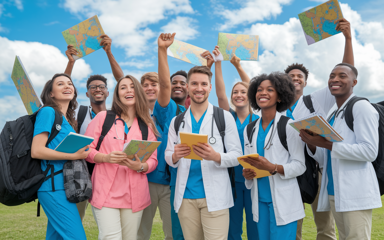 A group of enthusiastic medical students standing together with backpacks, maps, and notebooks, excitedly planning their gap year adventures. Each student represents different backgrounds, cultures, and future aspirations. The backdrop includes a bright blue sky with fluffy clouds, symbolizing new opportunities ahead. The scene is filled with energy and camaraderie, showcasing the journey of exploration and growth.