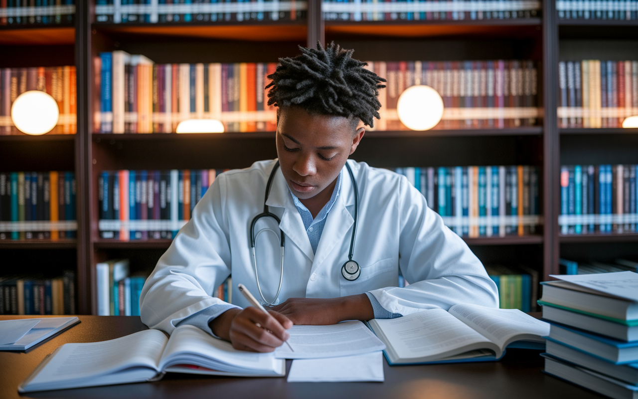 A focused medical student studying in a library with an atmosphere of quiet concentration. The shelves are filled with medical textbooks and journals. Warm, soft lighting creates a cozy ambiance. The student is surrounded by open books and notes, deeply engaged in learning about medicine and patient care, embodying the dedication and hard work required in their journey.