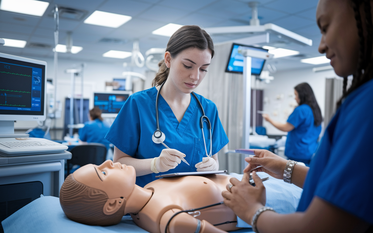 A medical volunteer in scrubs, practicing clinical skills with medical instruments on a simulation dummy in a training center. The room is filled with advanced medical technology and interactive training tools. The volunteer, a young woman with a focused expression, is taking notes and receiving guidance from a mentor. The atmosphere conveys professionalism, learning, and dedication.