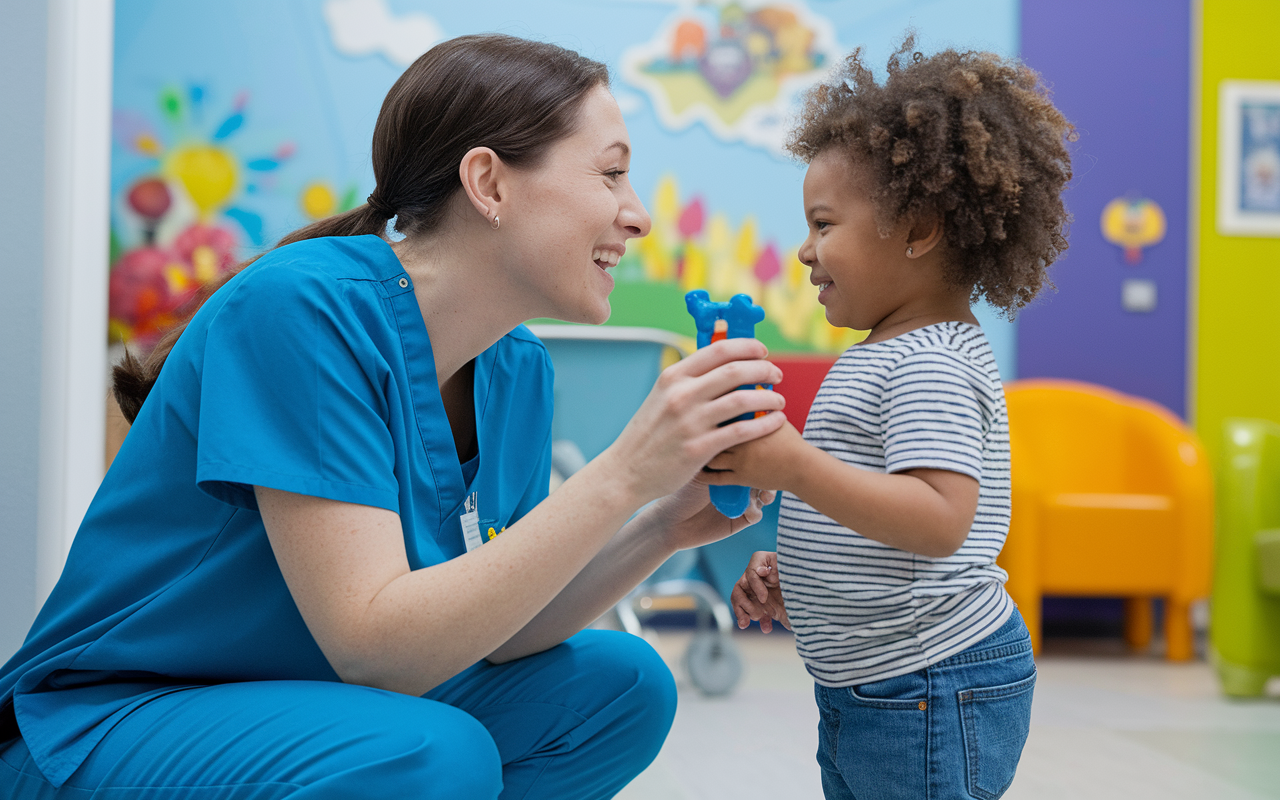 An enthusiastic volunteer in scrubs, comfortably interacting with a young child in a pediatric setting. The child, holding a toy, is smiling while the volunteer crouches down to be at eye level, creating a friendly and engaging atmosphere. The colorful room is decorated with child-friendly art, enhancing a sense of warmth and care.