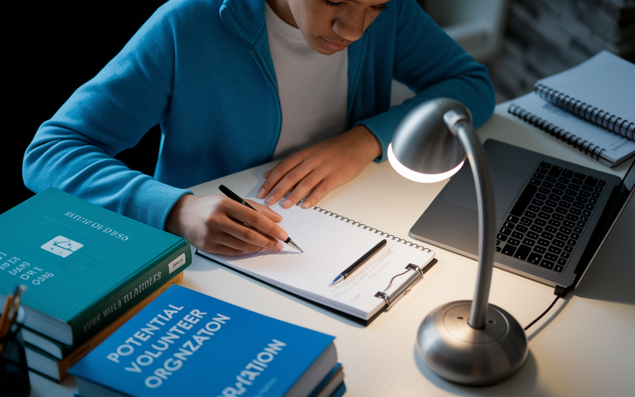 A focused student sitting at a desk surrounded by medical books and a laptop, researching potential volunteer organizations online. A notepad filled with notes lies next to them, with a sleek desk lamp illuminating the workspace. The ambiance is studious and intent, highlighting the importance of thoughtful research.