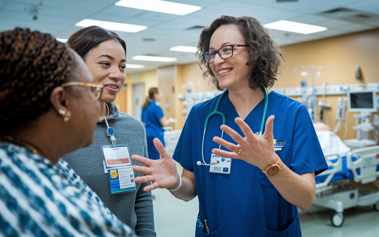 A proactive volunteer in a hospital ward asking questions to a nurse while closely observing patient care procedures. The nurse, a middle-aged woman with an encouraging smile, is explaining a procedure, fostering a dynamic learning environment filled with medical equipment and encouraging dialogue.