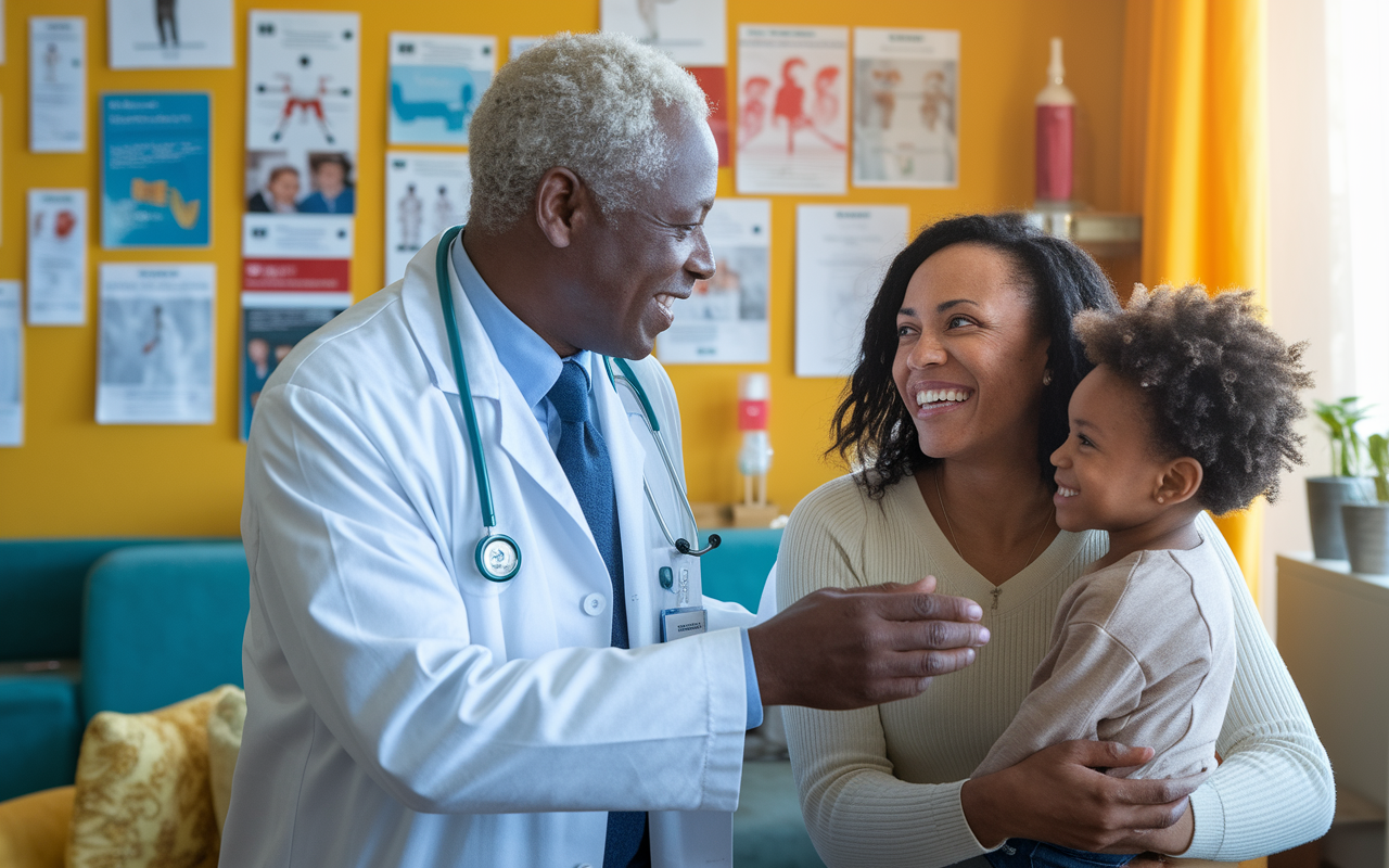 A compassionate volunteer doctor interacting with patients in a warm and inviting community clinic. The scene shows a doctor gently speaking to a young mother with her child, both are smiling in a lively, colorful room filled with healthcare posters. The atmosphere is filled with kindness, support, and dedication to care.