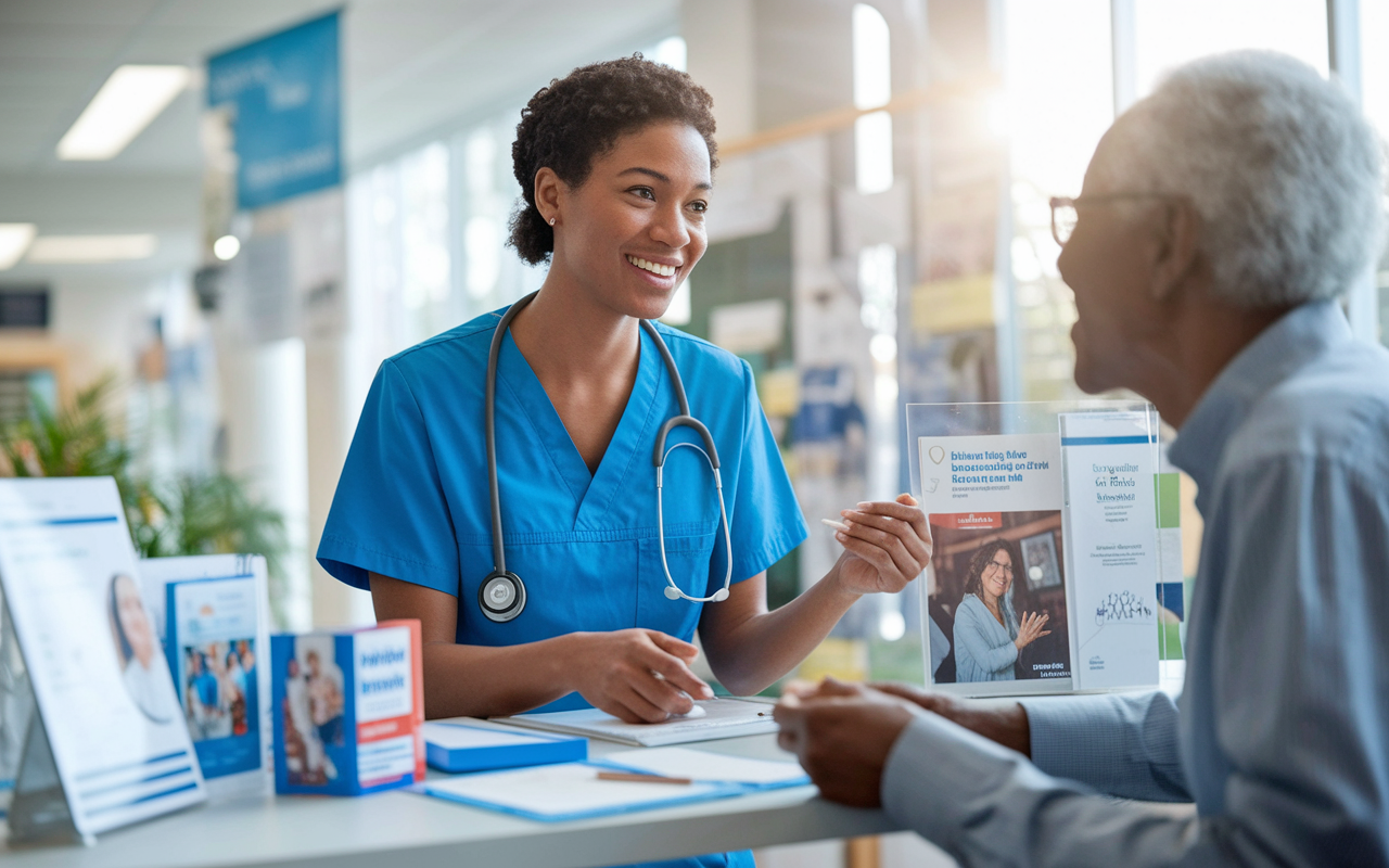 A dedicated medical advocate volunteering at a health clinic, interacting with community members. The scene captures a warm interaction between a healthcare professional and an elderly patient, showcasing compassion and education. The clinic's surroundings are filled with health information brochures and a welcoming atmosphere. Bright natural light illuminates the space, emphasizing the importance of community health support and engagement.