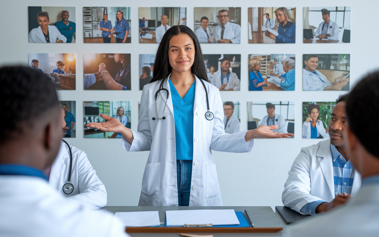 An inspiring image of a young medical graduate presenting their gap year experiences at a residency interview. The candidate stands confidently in front of a panel of experienced doctors, showcasing a visual presentation filled with impactful images of their health advocacy projects, such as community workshops and health campaigns. The room is well-lit, conveying professionalism and optimism as the candidate shares their journey.