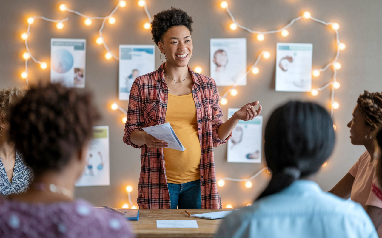 A passionate young woman leading a community workshop on maternal health. She stands in front of a group of women, actively engaging and explaining important topics about prenatal care with educational materials in hand. The setting is a community hall decorated with health information posters and warm lighting that creates an atmosphere of support and empowerment.