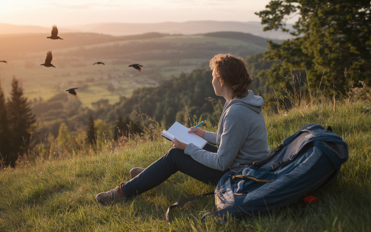 A serene outdoor scene featuring a young individual sitting on a grassy hill overlooking a picturesque valley during sunset, with a journal in hand, reflecting on their gap year experiences. The scene captures a sense of tranquility and self-discovery, with warm golden light illuminating the person’s face, soft breezes rustling through trees, and birds flying across the sky. A backpack with hiking gear is placed nearby, symbolizing exploration and adventure.