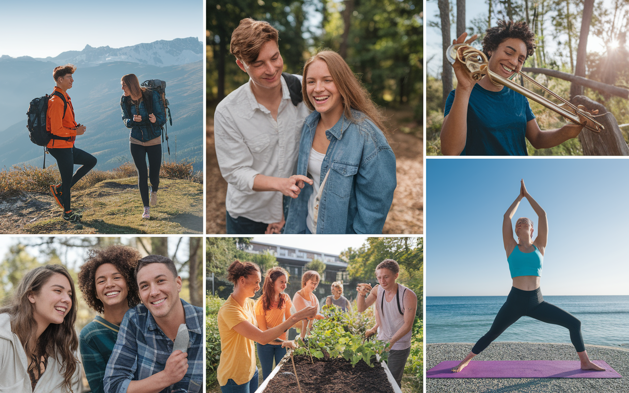 A collage of images showcasing a diverse group of young individuals engaged in various activities during their gap year: a person hiking in the mountains, another learning to play a musical instrument, a couple of friends volunteering at a community garden, and someone practicing yoga by the beach. The scenes are vibrant, filled with laughter, joy, and connection, representing the best of personal exploration and growth during a transformative time.