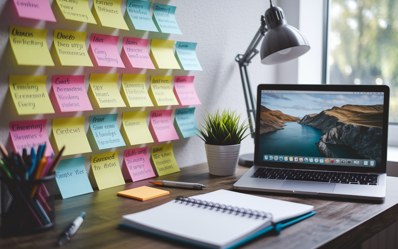 An inspiring workspace filled with colorful post-it notes pinned to a wall, each detailing goals and ideas for experiences during a gap year. A cozy desk with a planner, a small potted plant, and a laptop displaying a scenic photo of a destination blending seamlessly into the background. Soft natural lighting streams in through a window, creating an atmosphere of motivation and creativity.