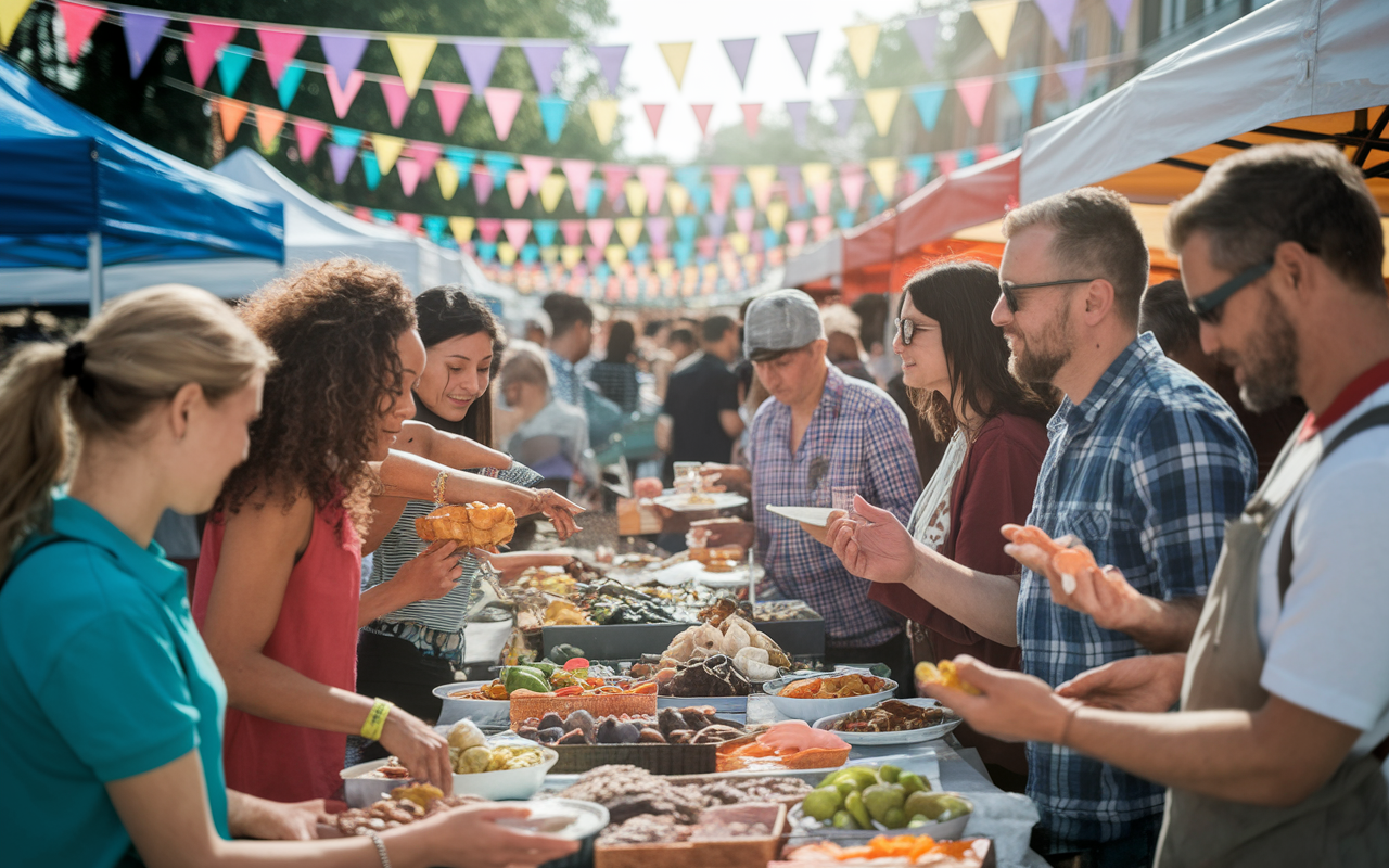 A vibrant outdoor market scene featuring diverse individuals exploring various stalls filled with exotic foods, handmade crafts, and local art. Colorful decorations and banners hang overhead while the sun casts a warm glow on the lively atmosphere. Smiling faces of people trying out different cuisines and chatting create a sense of excitement and cultural exchange.