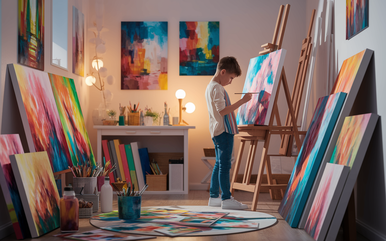 An indoor scene depicting a cozy art studio filled with canvases, paint supplies, and an easel, where a young artist is lost in creating vibrant, abstract artwork. The ambiance is warm and inviting with soft lighting, music gently playing in the background, and paintings of various styles and colors adorning the walls, representing a haven of creativity and self-expression.