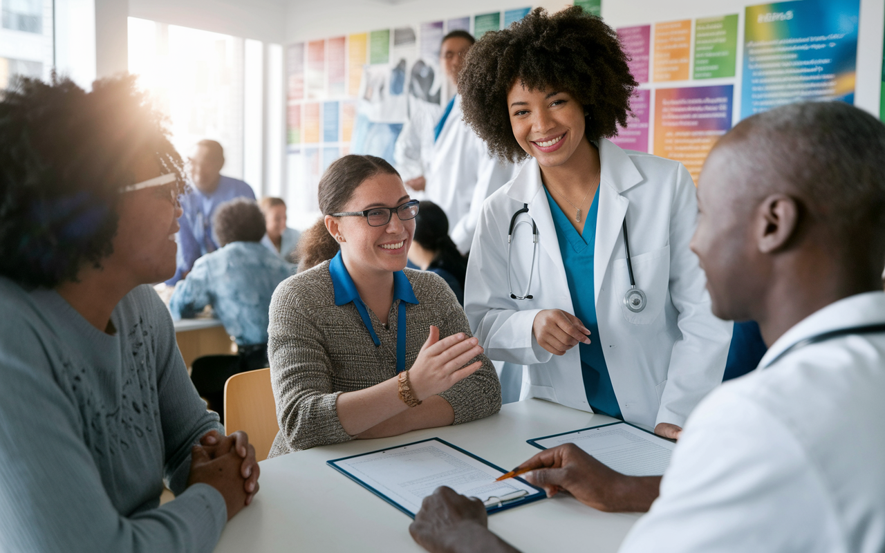 A vibrant community clinic scene where an eager pre-med student is volunteering amidst a diverse range of patients and healthcare workers. The patient's expressions show gratitude, while the student is engaged in a collaborative discussion with a physician. The clinic is filled with colorful educational posters promoting health awareness. Bright daylight streams through the windows, symbolizing hope and community service, emphasizing the student’s dedication to serving underserved populations.