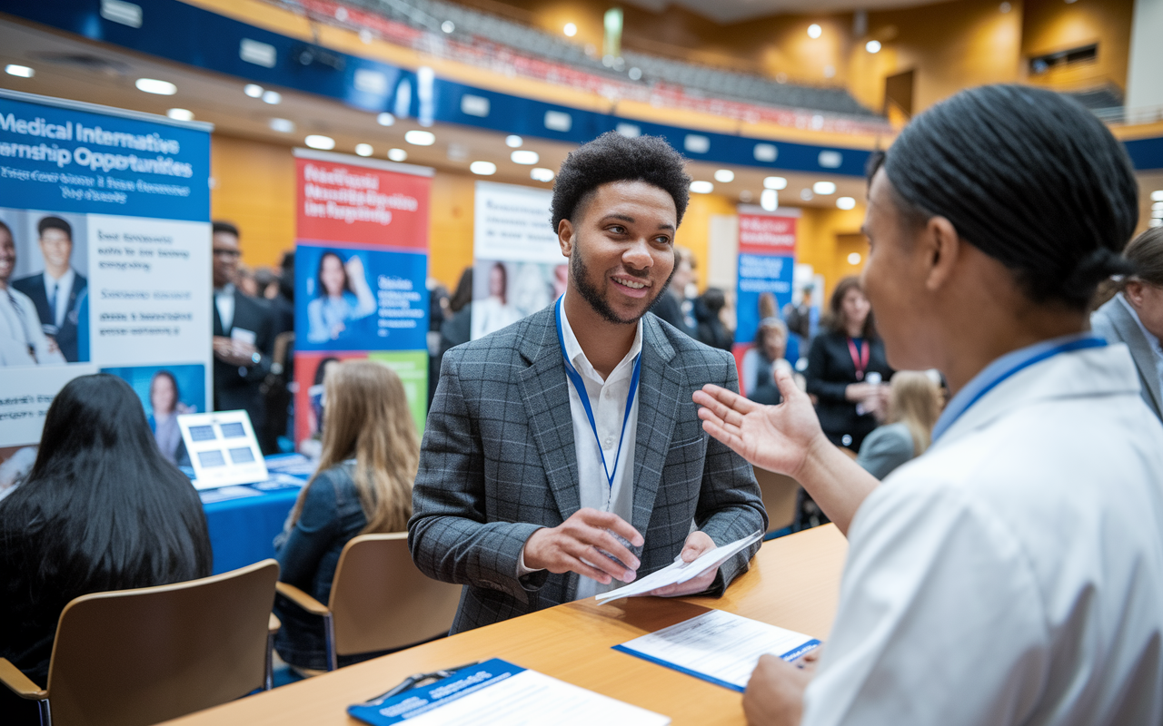 A focused pre-med student attending a networking event in a brightly lit auditorium. The student is engaged in conversation with a healthcare professional, exchanging contact information with genuine expressions of interest. Surrounding them are informative booths showcasing various medical internship opportunities, with banners and posters in the background illustrating the importance of networking in the medical field. The atmosphere is vibrant, fostering connections and possibility.