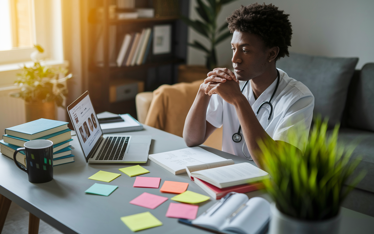 A focused medical graduate sitting at a modern desk in a cozy home study, surrounded by medical textbooks and a laptop open to an online course. The warm golden lighting creates an inviting atmosphere, showcasing a motivational study environment with a coffee mug, colorful post-it notes, and a plant. The graduate is deeply engaged, with notes scattered around, conveying dedication and a commitment to learning.