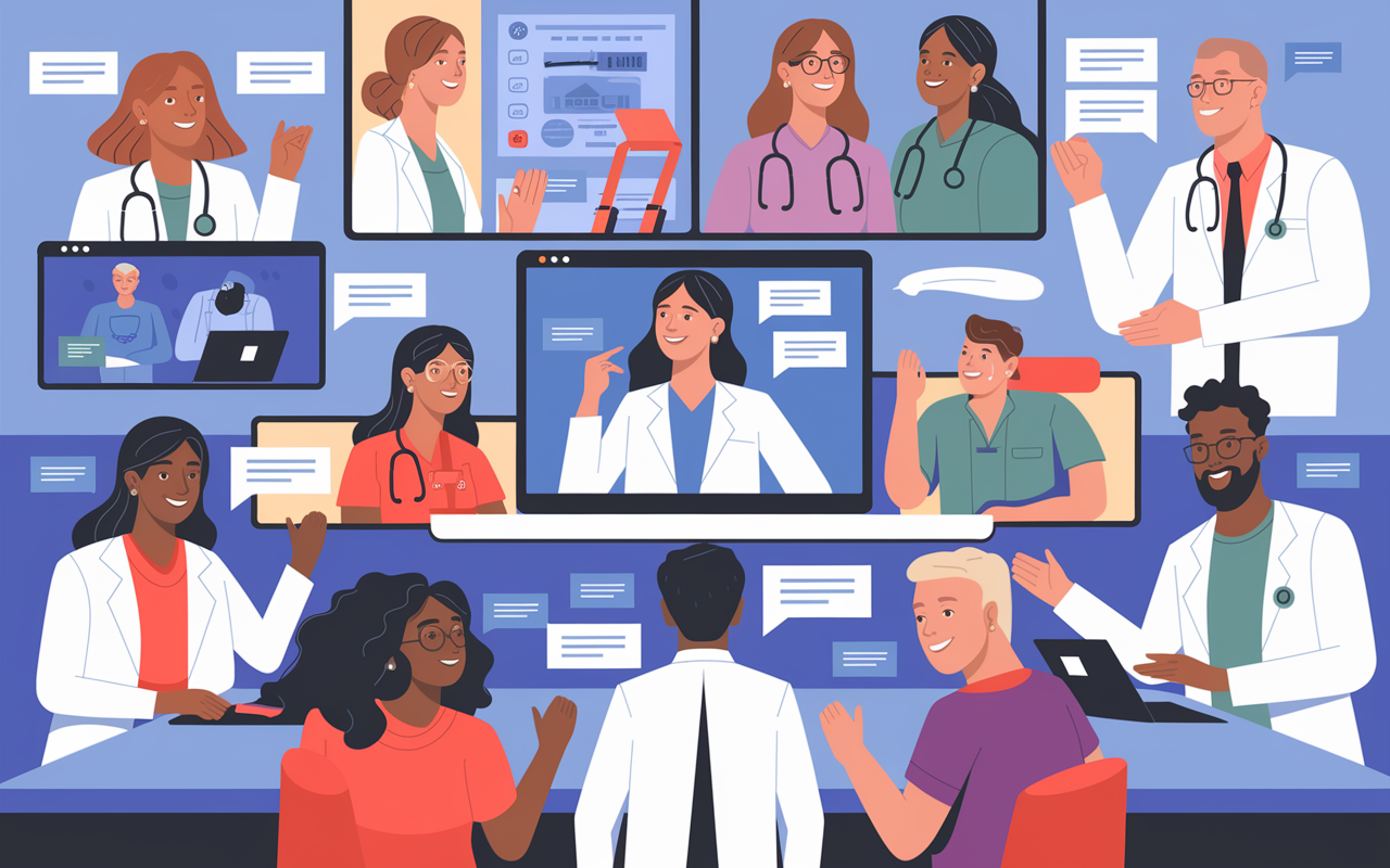 A vibrant scene depicting a virtual networking event for medical students on a video call. Participants are engaged in animated discussions, with visible chat bubbles and shared screens displaying medical resources. The environment emanates a sense of collaboration and community among diverse professionals.