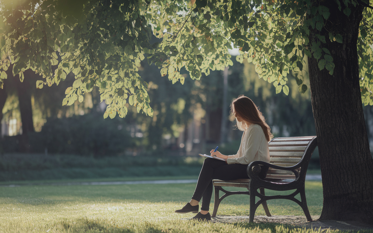 A tranquil outdoor setting with a young professional sitting on a park bench, journaling under a tree. The sunlight filters through leaves, casting dappled shadows. A gentle breeze creates a serene atmosphere as the individual pens thoughts about their career aspirations, surrounded by nature, symbolizing reflection and self-assessment.