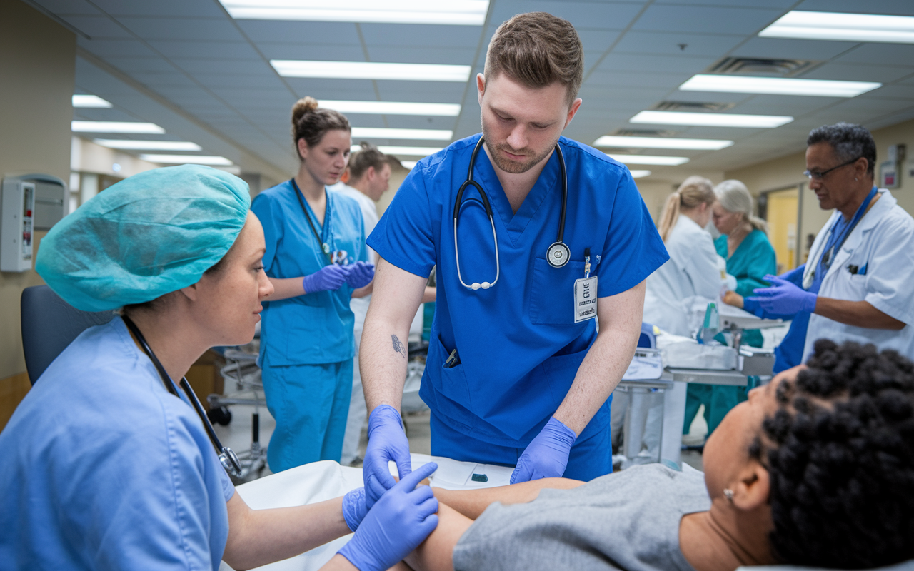 A medical student in scrubs assisting a busy nurse in a hospital setting. The scene captures a vibrant hospital environment with doctors and nurses attending to patients. There’s a mix of urgency and compassion in the air, showcasing the practical challenges and rewards of hands-on clinical experience.