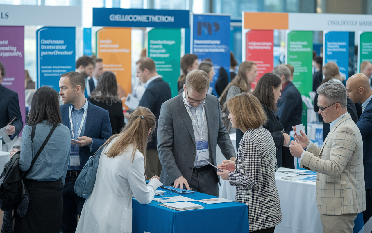 A lively conference scene with medical professionals engaged in discussions at booths and workshops. Colorful banners promote various specialties. Individuals are exchanging business cards and sharing ideas, creating an atmosphere of collaboration and opportunity in the medical community.