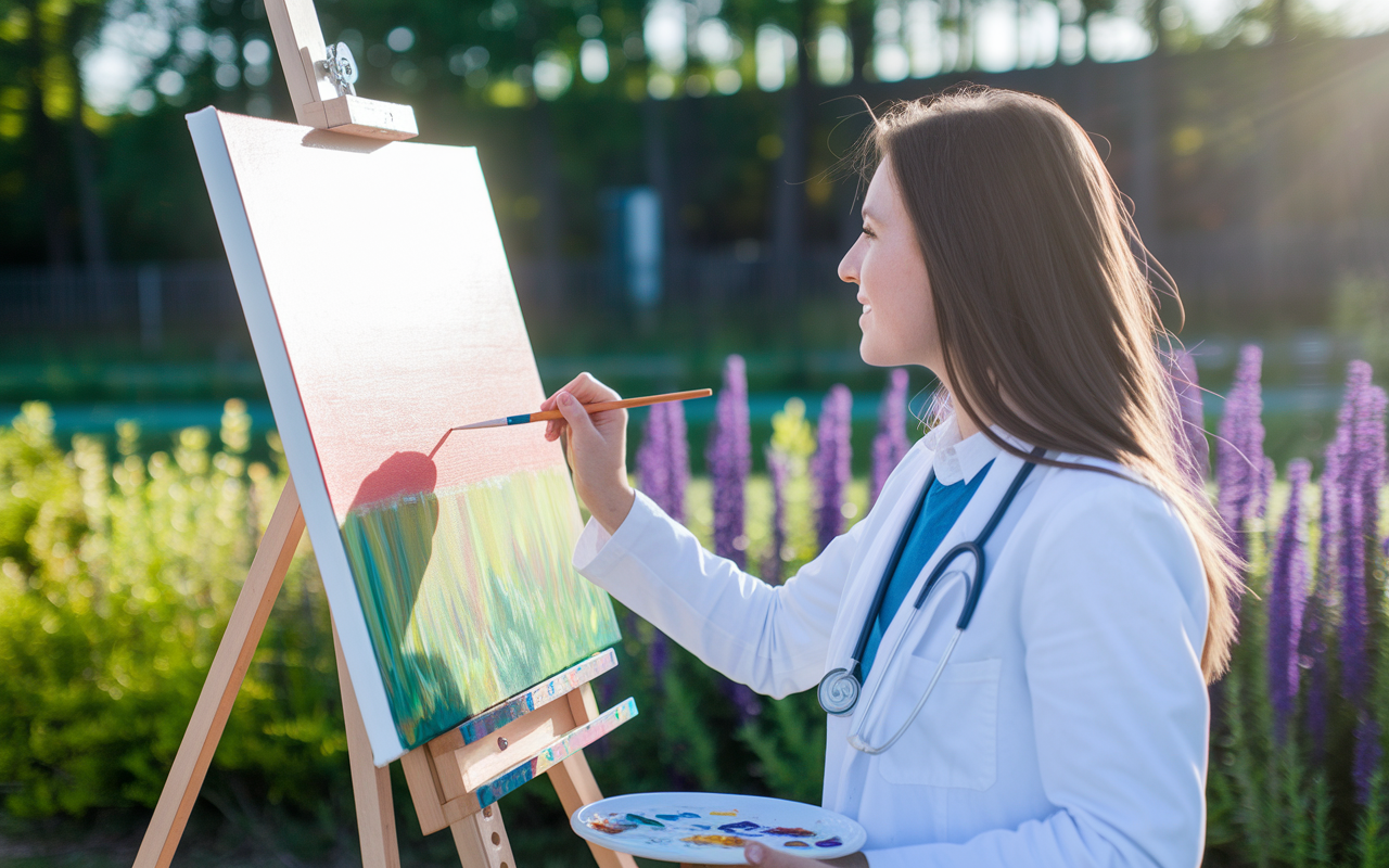 A scenic view of a young professional painting in a serene outdoor setting, surrounded by vibrant nature. The warm sunlight casts a gentle glow on the canvas, emphasizing the importance of nurturing personal interests alongside a medical career.