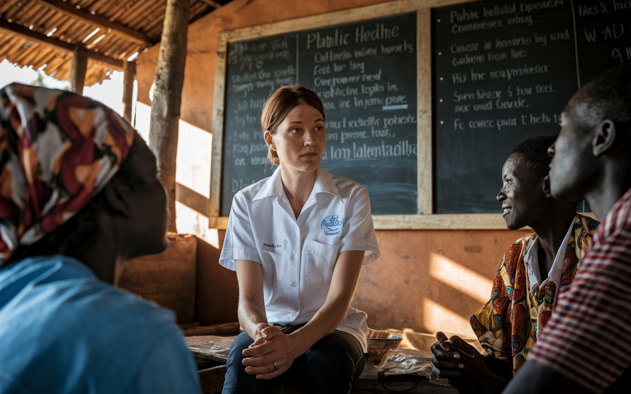 A medical volunteer in a makeshift clinic in an African village, engaged in a discussion with local healthcare workers. The setting includes a chalkboard filled with public health messages and traditional elements of the village. The volunteer exhibits a focused expression, showcasing the adaptability required in unfamiliar environments. Warm sunlight casts dynamic shadows, enhancing the feeling of cooperation and cultural exchange.