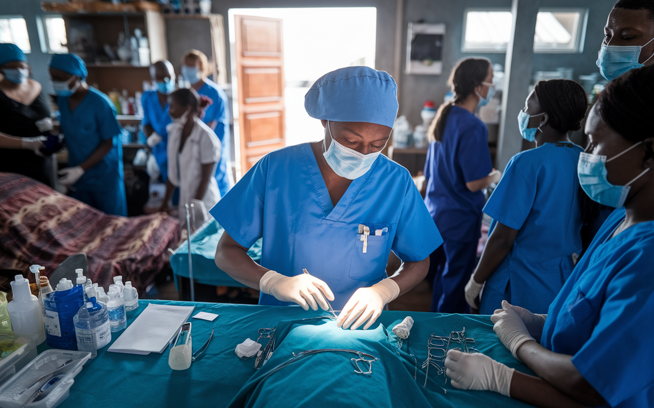 A medical volunteer in blue scrubs performing a minor surgical procedure in a crowded field hospital. The volunteer exhibits concentration and care, surrounded by local medical staff. The environment is busy yet organized, with various medical supplies and patients awaiting care. Bright, natural light streams through an open doorway, creating a sense of urgency and dedication to patient care.