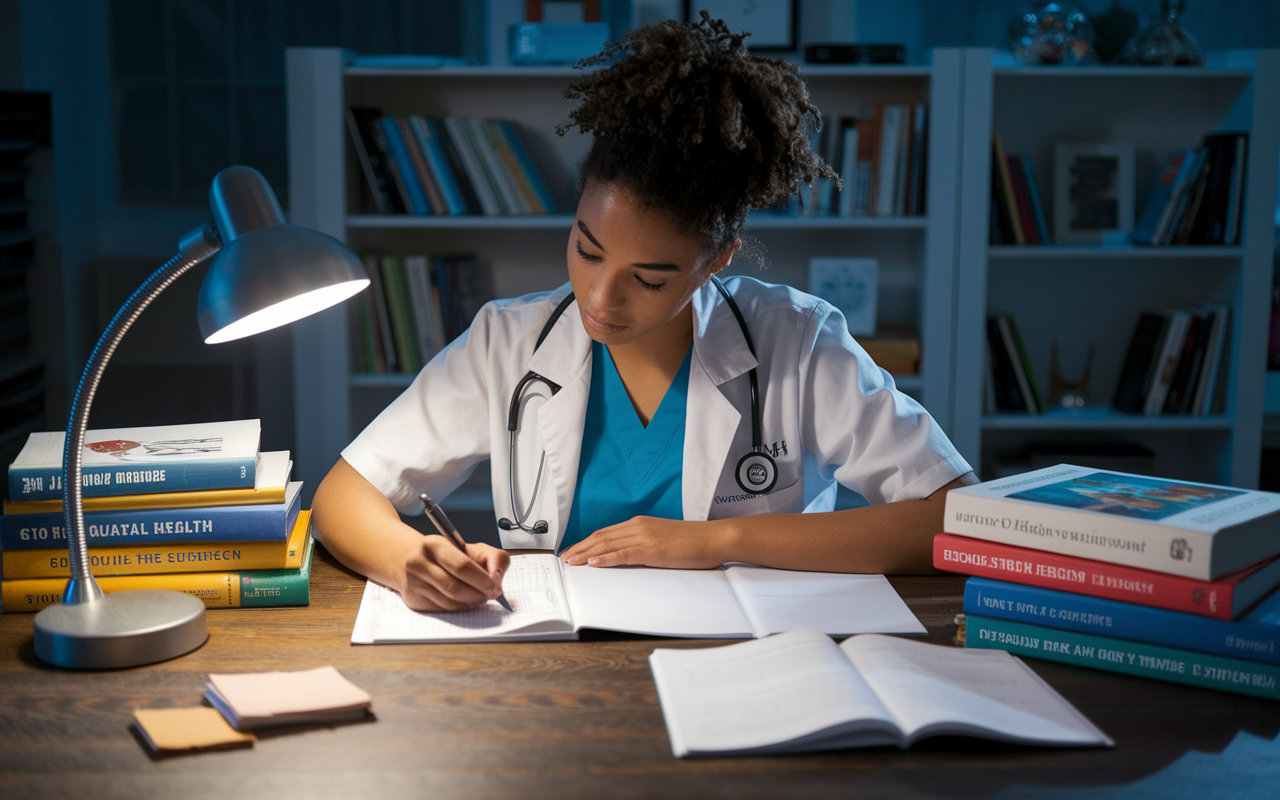 A medical student at a desk, writing their personal statement for residency applications, surrounded by books about global health, notes, and memorabilia from their volunteer experiences. The atmosphere is contemplative and focused, with a warm desk lamp illuminating the scene, casting a soft glow on the student's thoughtful expression. The setting reflects dedication and motivation.