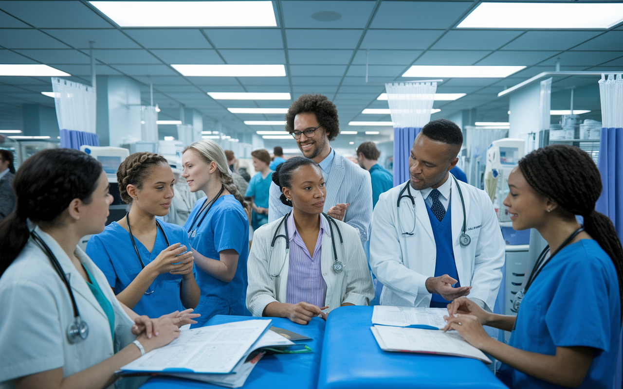 A dynamic hospital scene showing a diverse group of medical students, including a DO, engaged in a clinical rotation. The students are interacting with patients, supported by experienced physicians in a busy ward. The setting conveys teamwork and learning, with medical charts and equipment present. Bright, fluorescent lighting inspires a vibrant and bustling atmosphere.