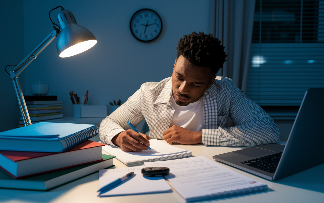 An intense study environment showcasing a DO student diligently preparing for the USMLE, surrounded by textbooks, notes, and a laptop open with practice questions. A wall clock shows late evening hours, and an aura of concentration fills the room as the student jots down important points with a pen. The soft glow of a desk lamp creates a focused, studious atmosphere.