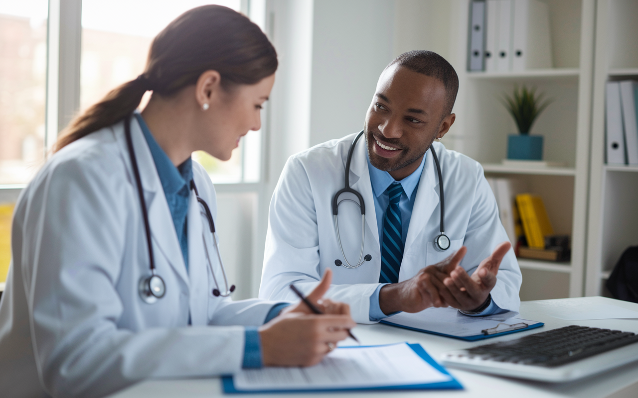 A warm and inviting doctor's office setting where a DO student meets with a mentor for guidance on letters of recommendation. The mentor, an experienced physician, is discussing key qualities to highlight while reviewing the student's resume. The interaction is filled with supportive gestures and advice, reflecting mentorship and collaboration.