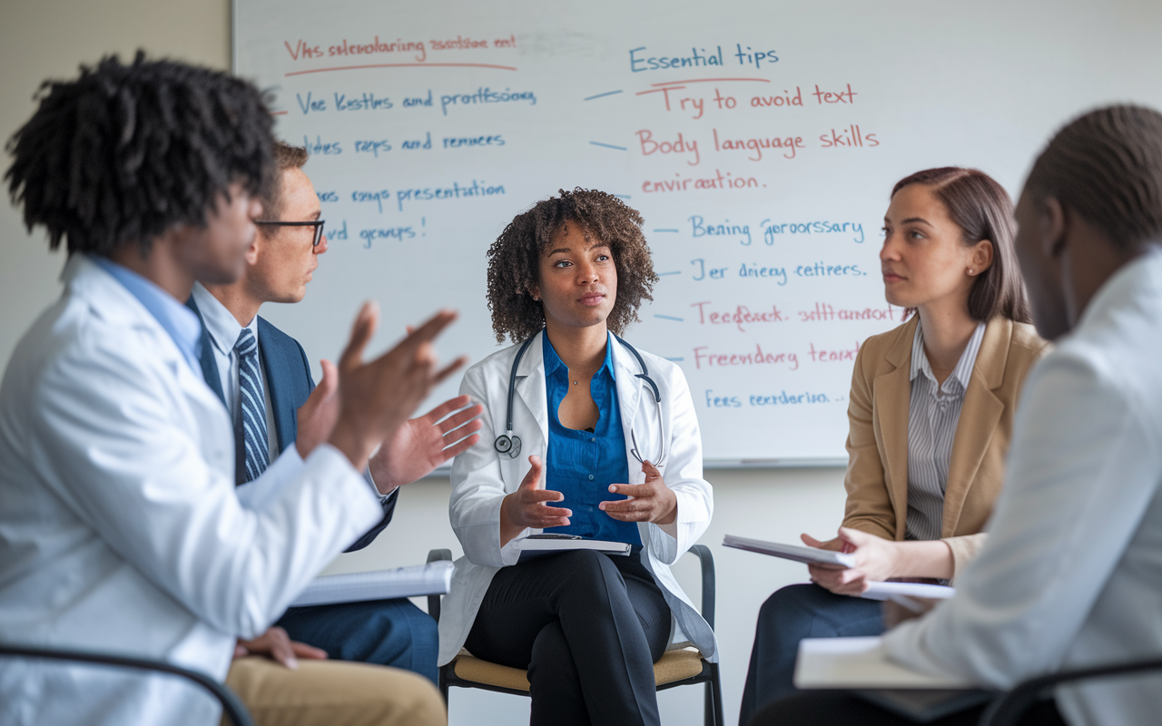 A focused study group atmosphere where a DO applicant practices for residency interviews with peers. The students are dressed professionally, sitting in a circle, exchanging feedback on responses to common interview questions. A whiteboard displays essential tips and reminders about body language and presentation skills, creating a supportive learning environment.