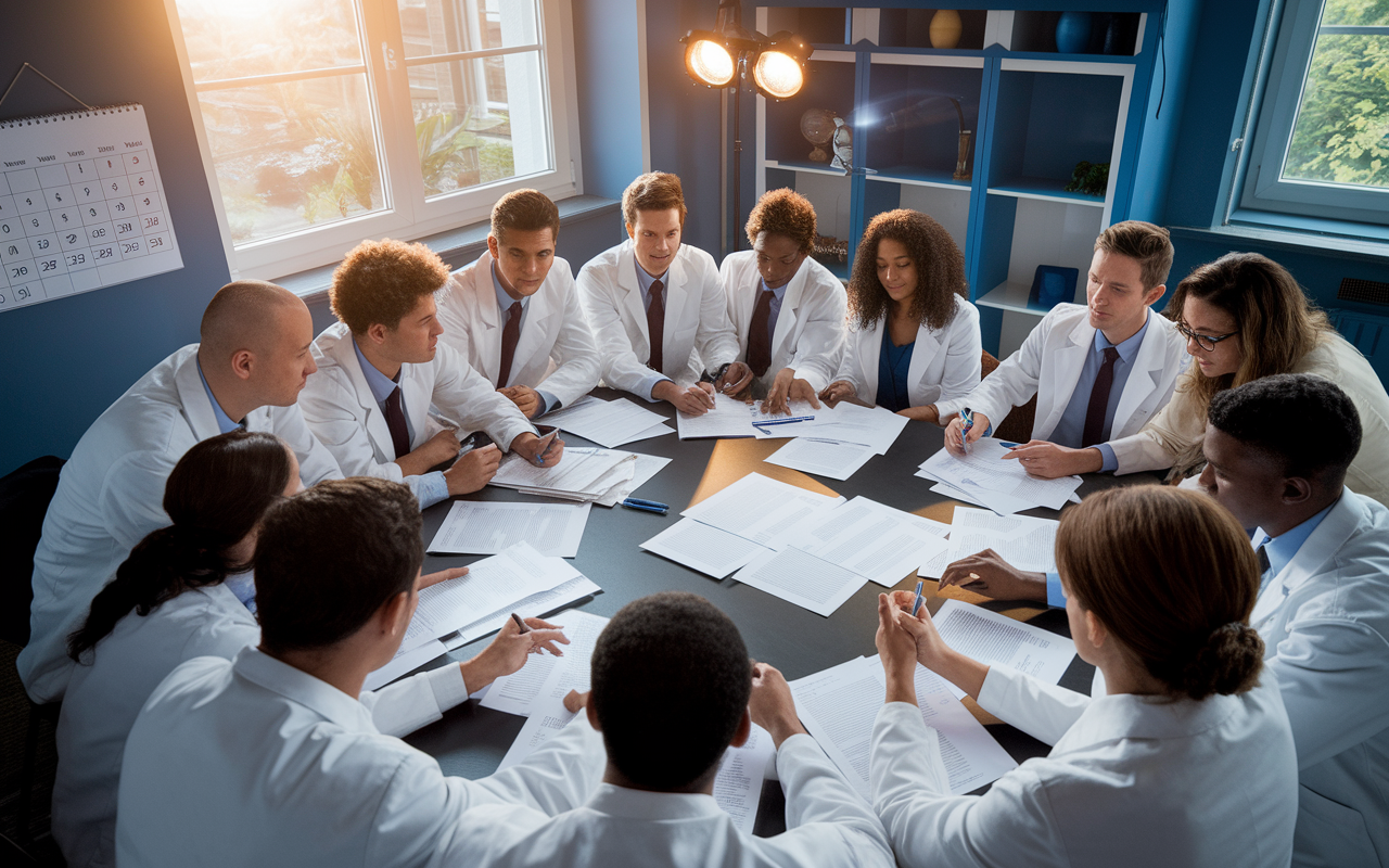 A well-lit room filled with medical students gathered around a large table, collaborating and sharing notes on their ERAS applications. Papers are strewn around, emphasizing an atmosphere of teamwork and urgency. A calendar marked with significant deadlines hangs on the wall. The scene captures a spirit of determination, with warm lights enhancing their focus and camaraderie.