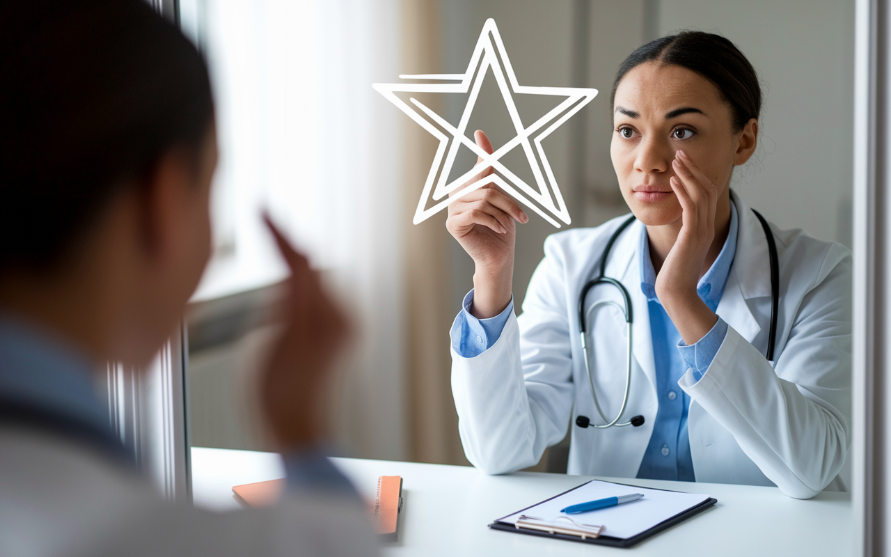 A focused medical student practicing interview techniques in front of a mirror, using the STAR method for responses. The student is dressed in professional attire, with a notepad and pen nearby for jotting down notes. The room is softly lit, creating a calm yet determined atmosphere, showcasing the importance of preparation and self-reflection.