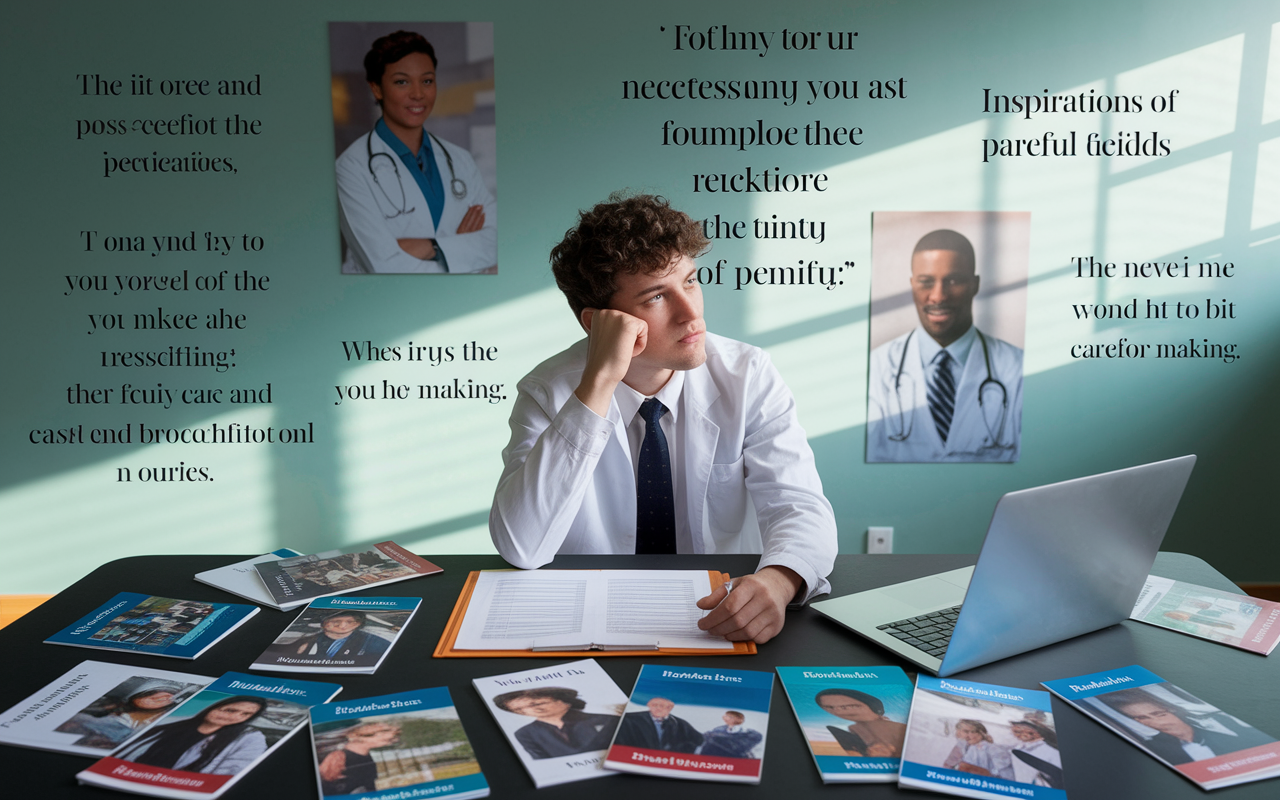 A contemplative medical student seated at a desk scattered with brochures from various residency programs, deep in thought about their rank order list. The desk has a laptop opened to a rankings template. Inspirational quotes and images of physicians succeeding in various fields decorate the walls around them. Soft morning light shines in, hinting at the importance of careful decision-making.