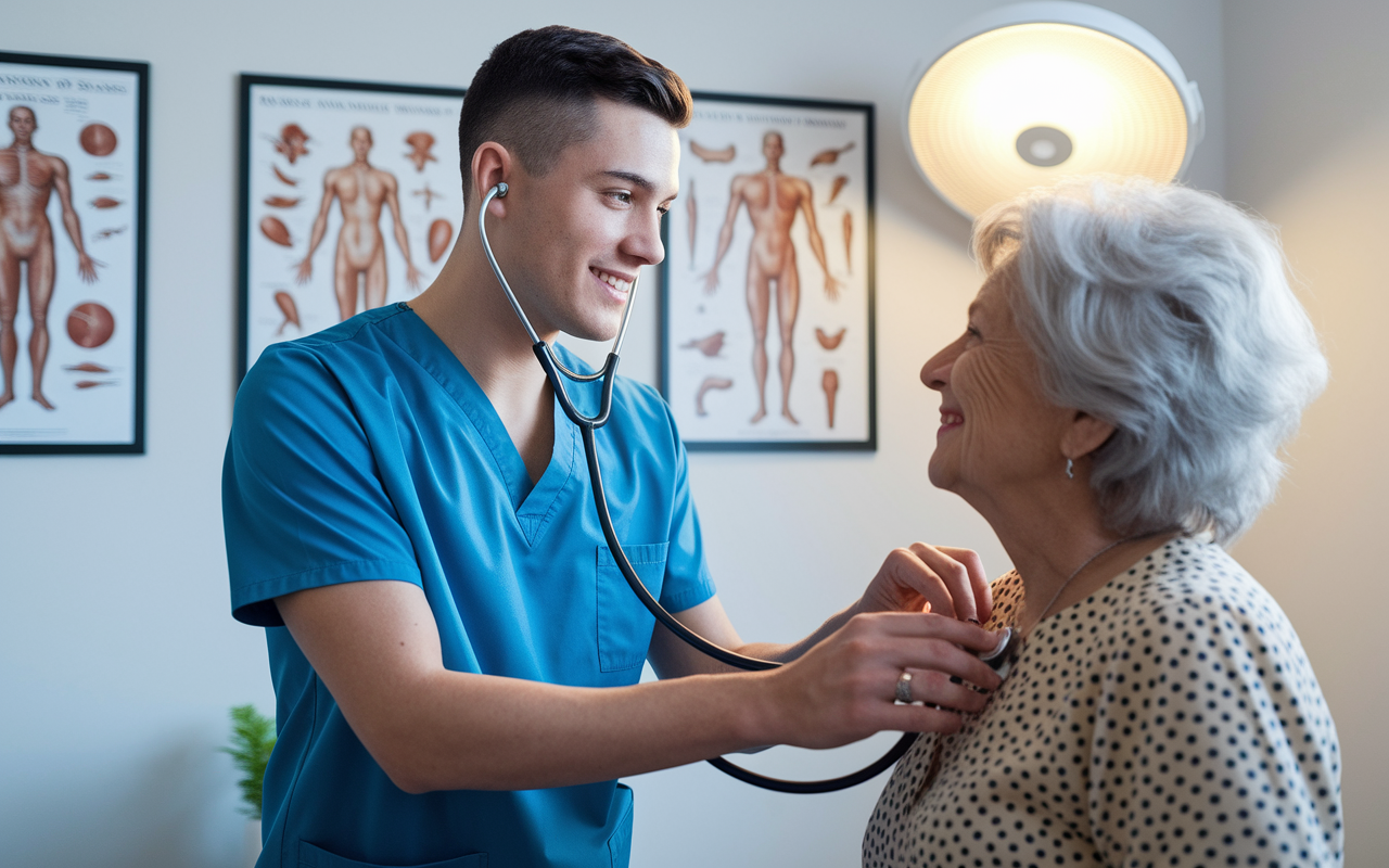 A young Doctor of Osteopathic Medicine (DO) in scrubs engaged in a patient examination in a well-lit clinic room. The doctor, with a compassionate expression, is using a stethoscope on an elderly patient who looks reassured. Medical charts and anatomical posters decorate the walls, highlighting the DO's holistic approach to healthcare. The lighting is bright and inviting, creating a warm atmosphere of trust and care.